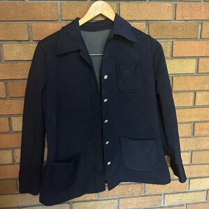 Vintage Unbranded Navy Blue and White Polka Dotted Blazer Jacket Long Sleeved